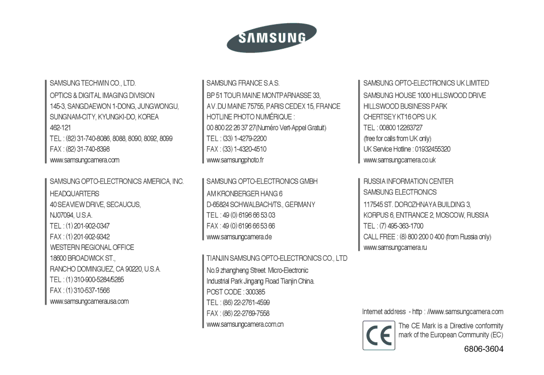 Samsung EC-S850ZSBM/E1, EC-S850ZBBM/E1, EC-S850ZBBA/E1 manual 6806-3604 