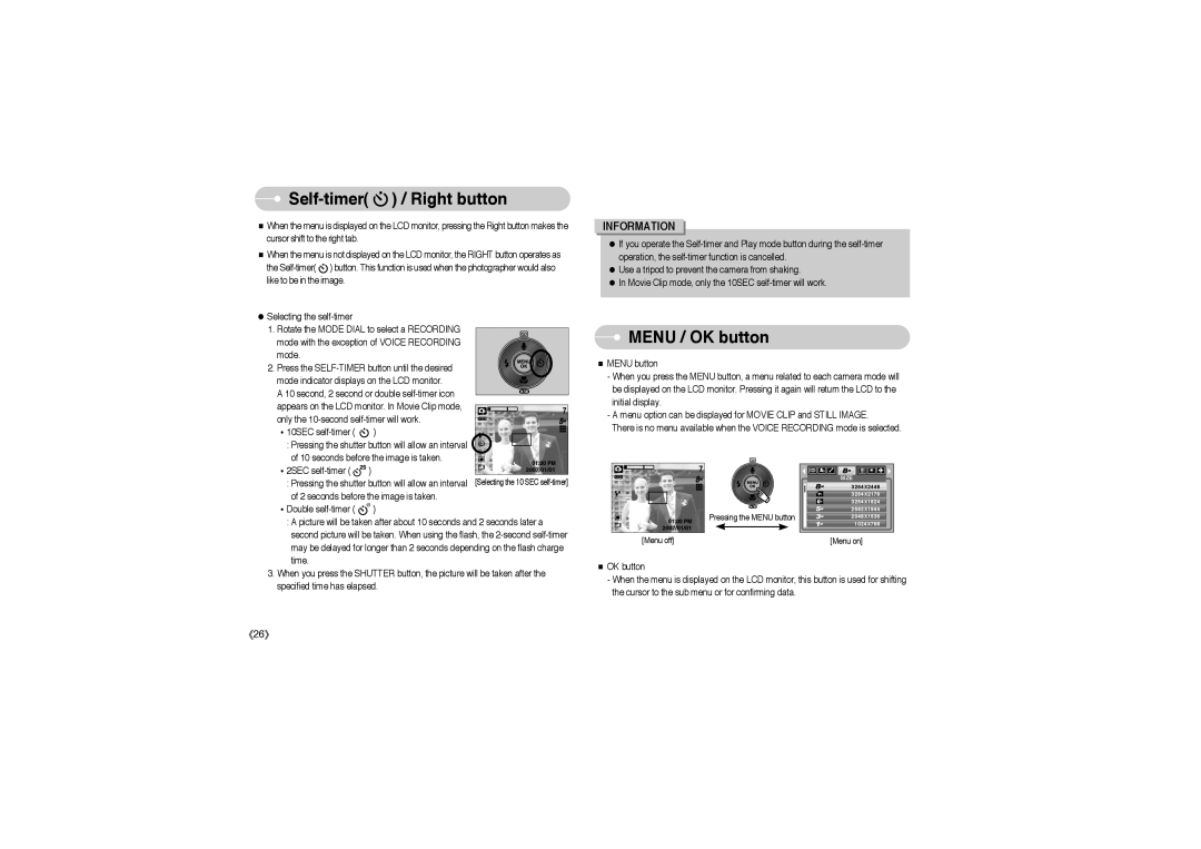 Samsung EC-S850ZSBA/E1, EC-S850ZSBM/E1, EC-S850ZBBM/E1, STW-S850S, STW-S850B manual Self-timer / Right button, Menu / OK button 