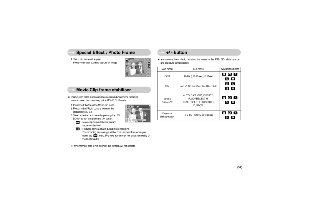 Samsung EC-S850ZBBM/E1, EC-S850ZSBM/E1, STW-S850S, STW-S850B, EC-S850ZBBA/E1 manual Movie Clip frame stabiliser, +/ button 
