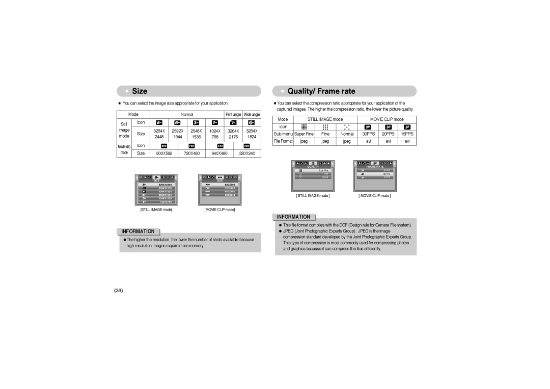 Samsung EC-S850ZSBA/CA, EC-S850ZSBM/E1, EC-S850ZBBM/E1, STW-S850S, STW-S850B, EC-S850ZBBA/E1 Size, Quality/ Frame rate, 30FPS 