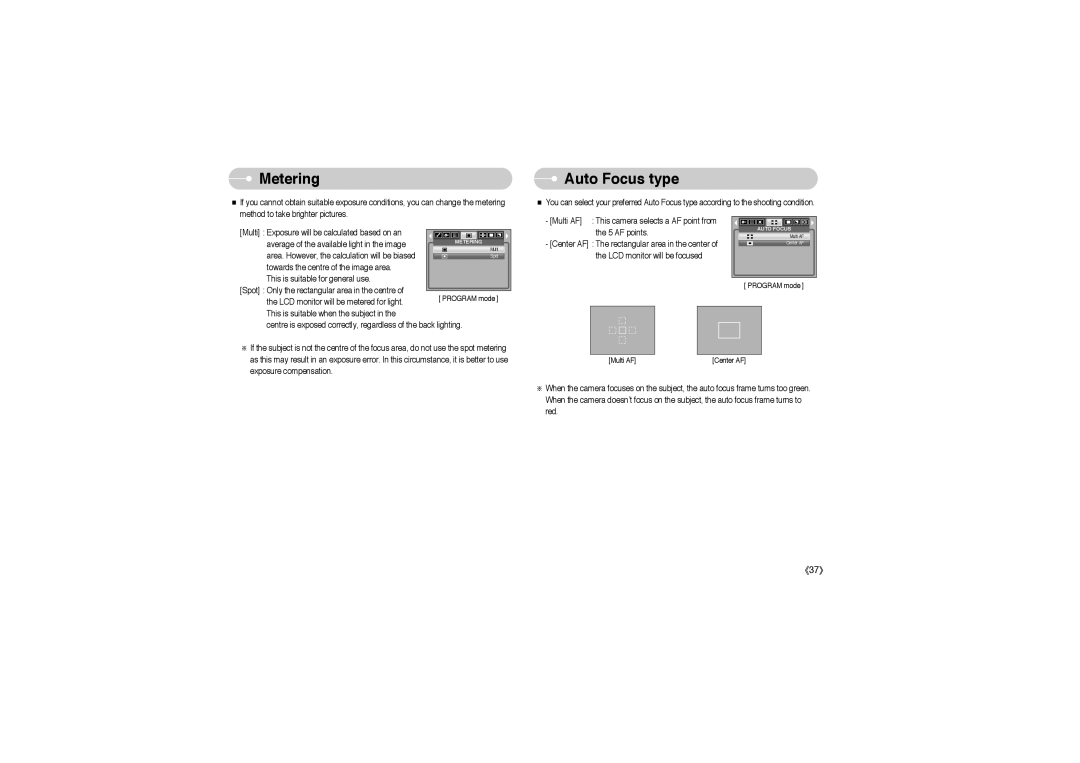 Samsung EC-S850ZBBA/AR, EC-S850ZSBM/E1, EC-S850ZBBM/E1, STW-S850S, STW-S850B, EC-S850ZBBA/E1 manual Metering, Auto Focus type 