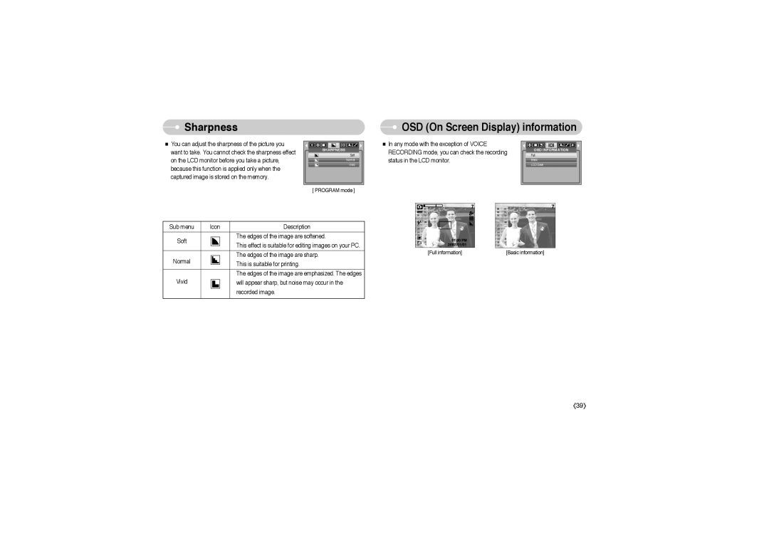 Samsung EC-S850ZBBB/E1, EC-S850ZSBM/E1, EC-S850ZBBM/E1, STW-S850S, STW-S850B Sharpness, OSD On Screen Display information 