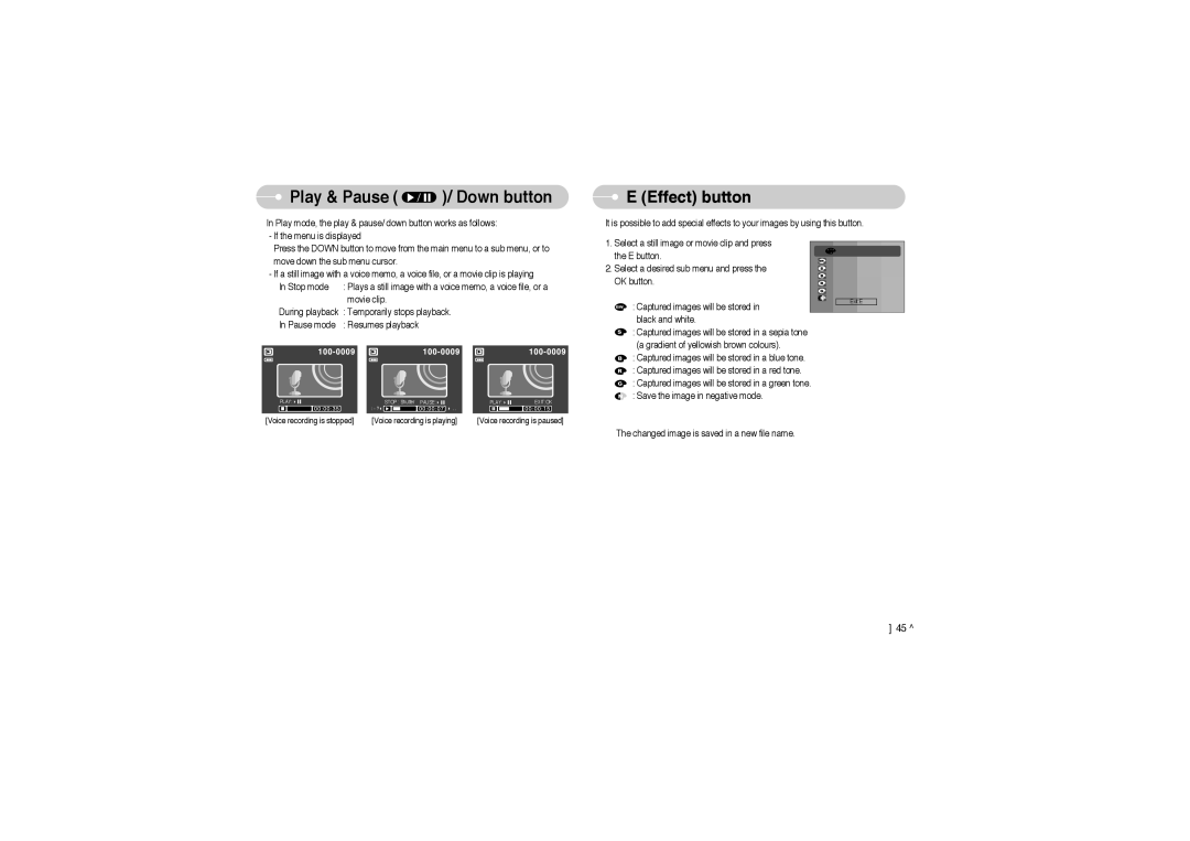 Samsung EC-S850ZSBG/E1, EC-S850ZSBM/E1, EC-S850ZBBM/E1, STW-S850S, STW-S850B manual Play & Pause / Down button, Effect button 