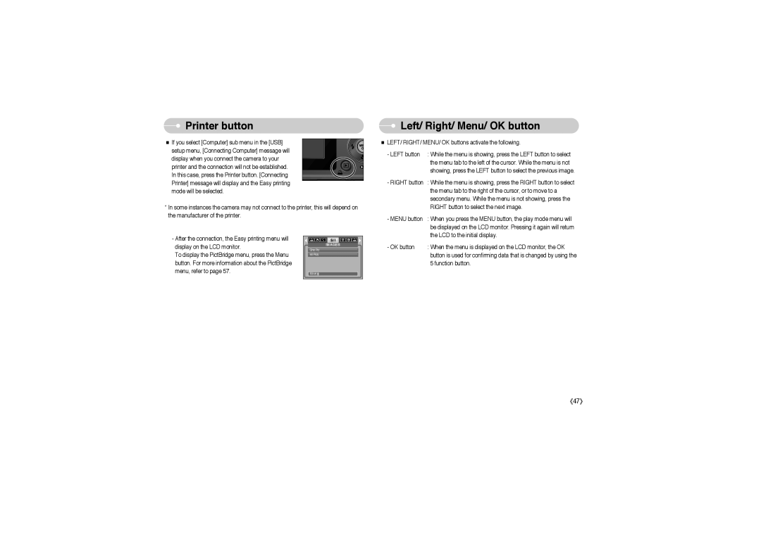 Samsung EC-S850ZBAA, EC-S850ZSBM/E1, EC-S850ZBBM/E1, STW-S850S, STW-S850B manual Printer button, Left/ Right/ Menu/ OK button 