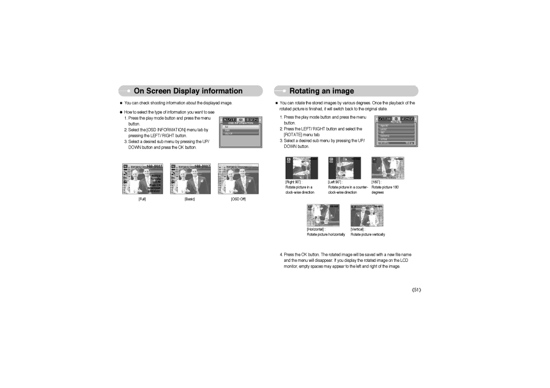 Samsung EC-S850ZBBE/E1, EC-S850ZSBM/E1, EC-S850ZBBM/E1, STW-S850S, STW-S850B On Screen Display information, Rotating an image 