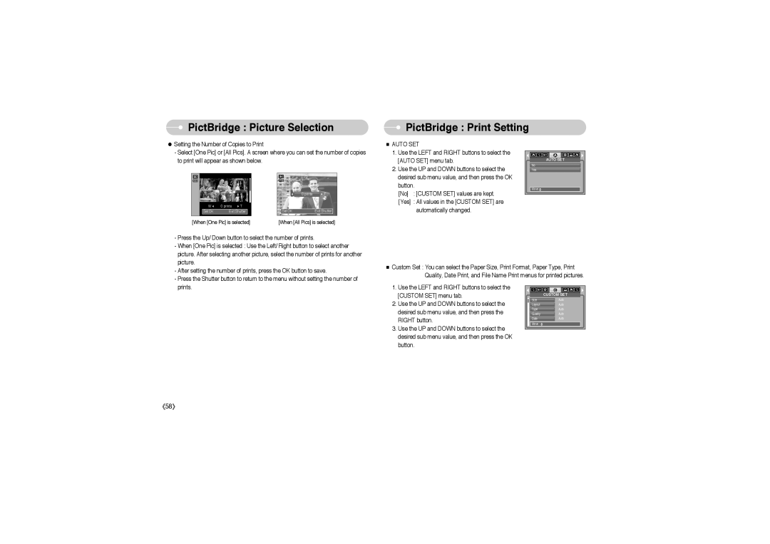 Samsung EC-S850ZSBA/TR, EC-S850ZSBM/E1, EC-S850ZBBM/E1 manual PictBridge Picture Selection PictBridge Print Setting, Auto SET 