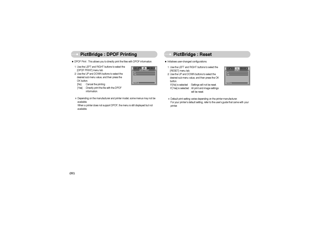 Samsung EC-S850ZSBF/E1, EC-S850ZSBM/E1, EC-S850ZBBM/E1, STW-S850S, STW-S850B manual PictBridge Dpof Printing, PictBridge Reset 