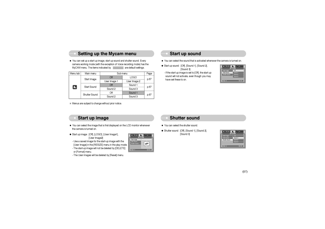 Samsung EC-S850ZSBA/CA, EC-S850ZSBM/E1 manual Setting up the Mycam menu, Start up sound, Start up image, Shutter sound, Logo 