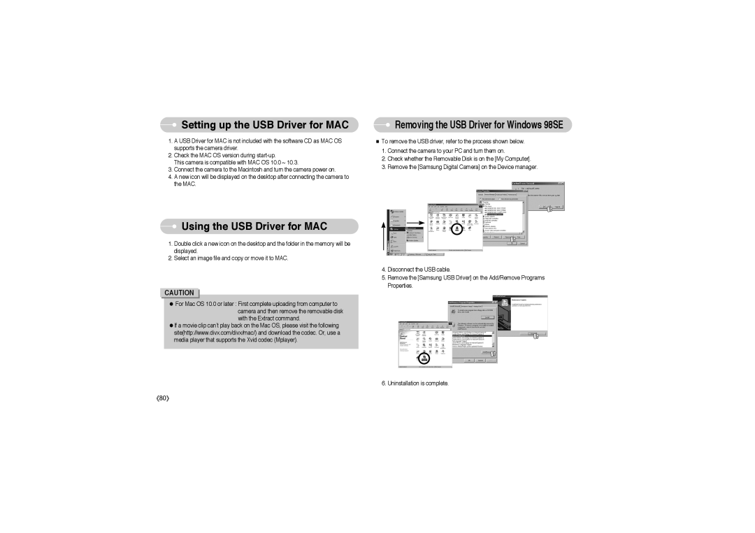 Samsung EC-S850ZBBD/E1, EC-S850ZSBM/E1, EC-S850ZBBM/E1 manual Setting up the USB Driver for MAC, Using the USB Driver for MAC 