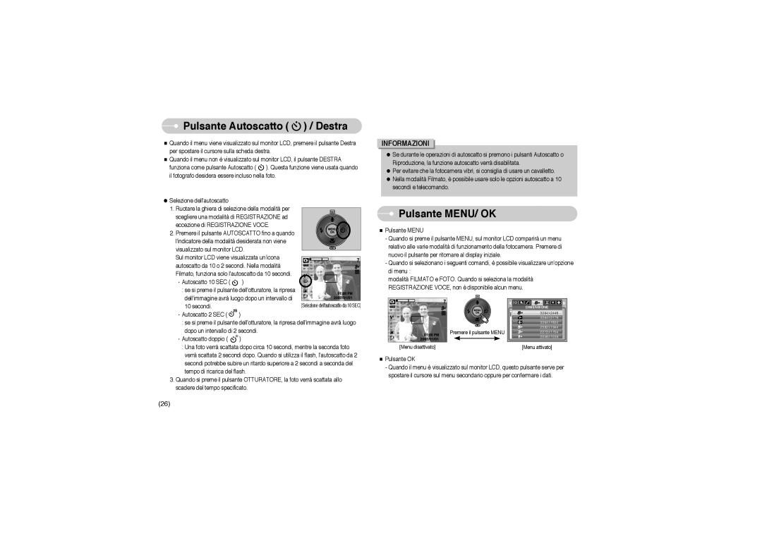 Samsung STW-S850B, EC-S850ZSBM/E1, EC-S850ZBBM/E1, STW-S850S manual Pulsante Autoscatto / Destra, Pulsante MENU/ OK 