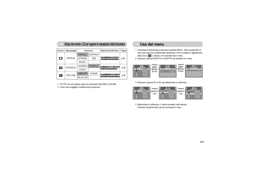 Samsung EC-S850ZSBM/E1 manual Uso del menu, Singola Continua Ripresa, AEB Interv Nitidezza Leggera Normale Forte Info OSD 