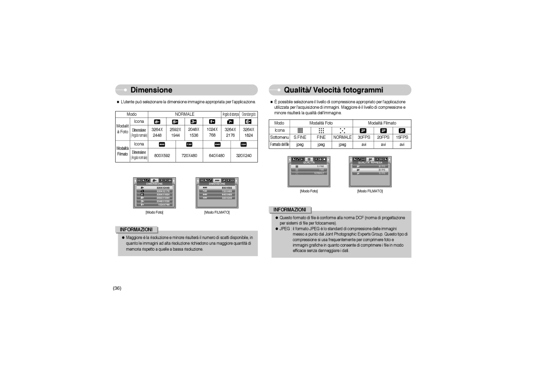 Samsung EC-S850ZBBM/E1, EC-S850ZSBM/E1, STW-S850S, STW-S850B manual Dimensione, Qualità/ Velocità fotogrammi, 30FPS 20FPS 