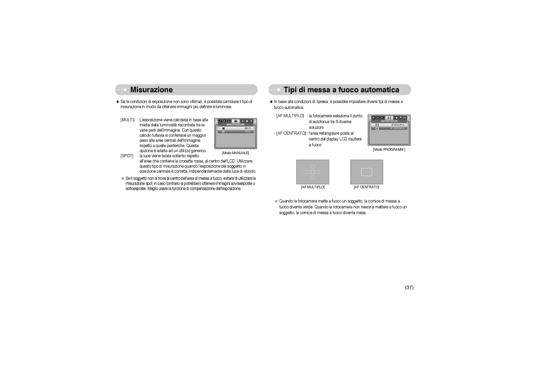 Samsung STW-S850S, EC-S850ZSBM/E1, EC-S850ZBBM/E1, STW-S850B manual Misurazione, Tipi di messa a fuoco automatica, Multi 