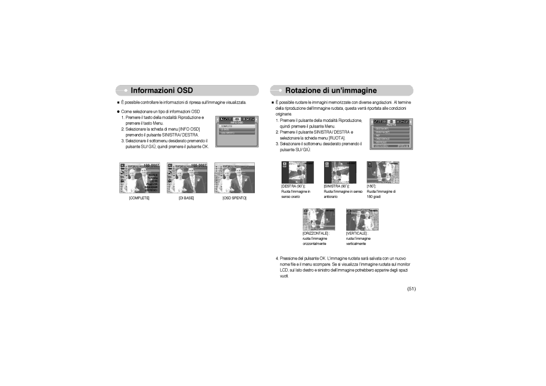 Samsung EC-S850ZSBM/E1, EC-S850ZBBM/E1, STW-S850S, STW-S850B manual Informazioni OSD, Rotazione di unimmagine 