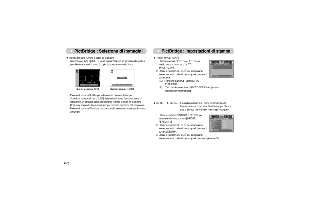 Samsung STW-S850B, EC-S850ZSBM/E1, EC-S850ZBBM/E1, STW-S850S manual PictBridge Impostazioni di stampa, Auto Impostazioni 