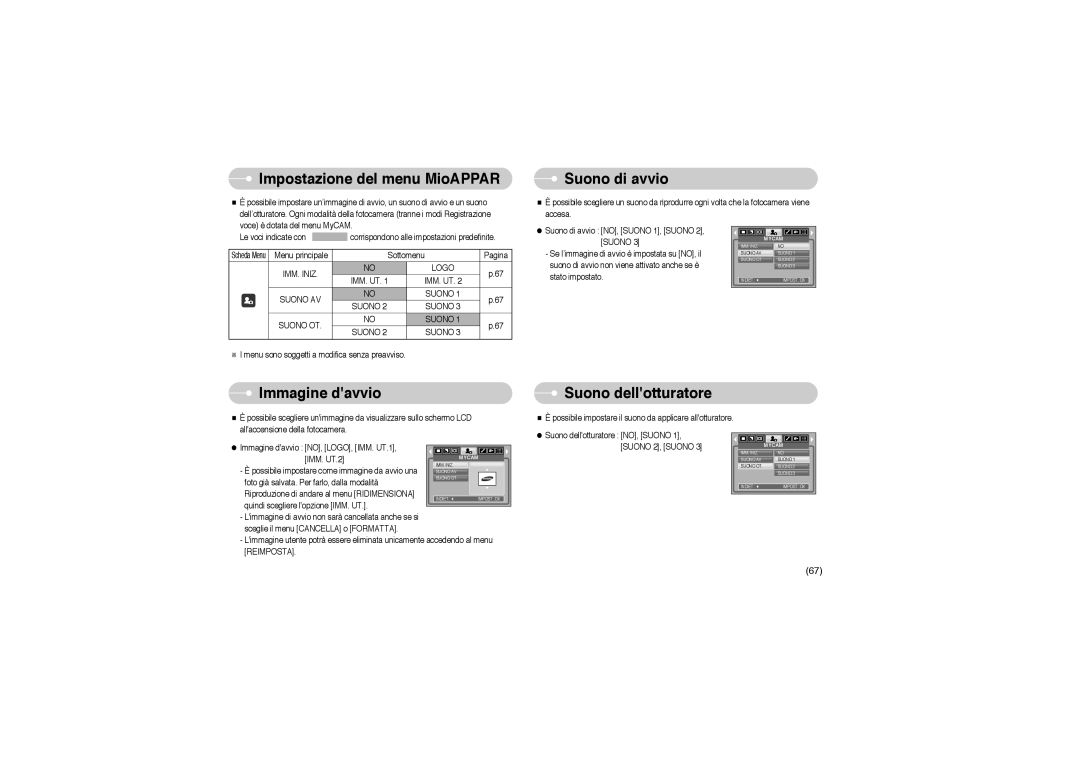 Samsung EC-S850ZSBM/E1, STW-S850S Impostazione del menu MioAPPAR, Suono di avvio, Immagine davvio, Suono dellotturatore 