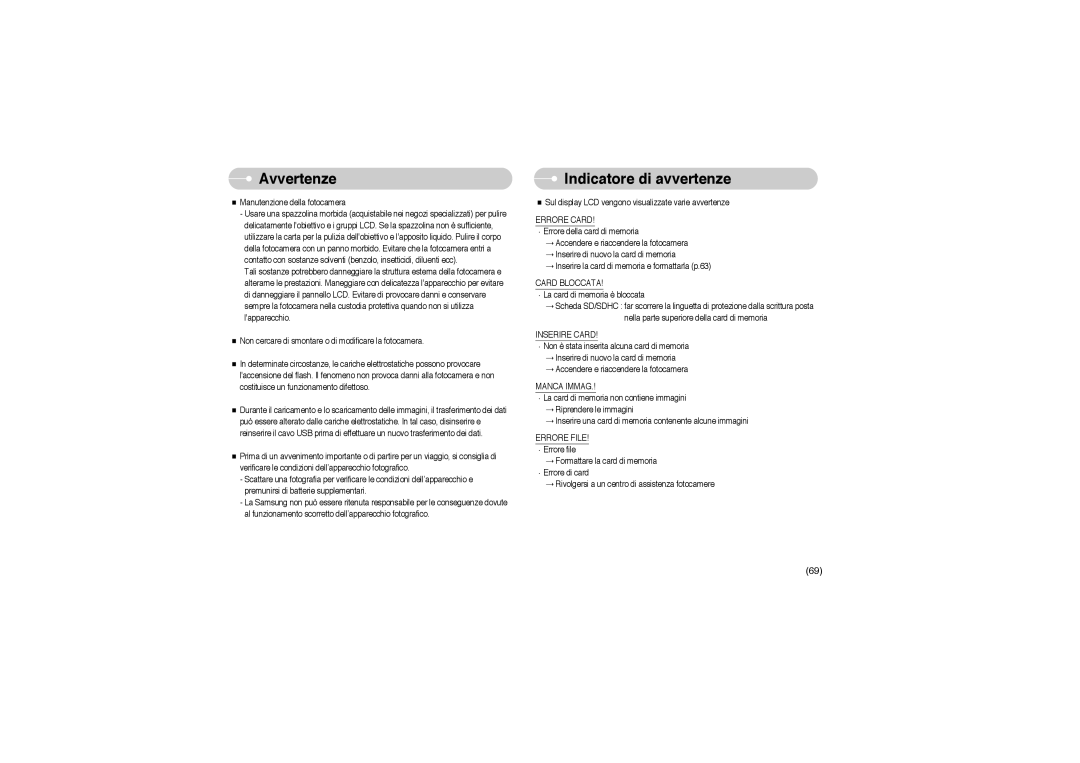 Samsung STW-S850S, EC-S850ZSBM/E1, EC-S850ZBBM/E1, STW-S850B manual Indicatore di avvertenze 