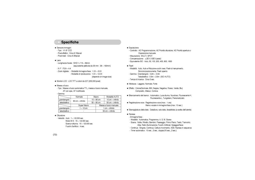 Samsung EC-S850ZBBM/E1, EC-S850ZSBM/E1, STW-S850S, STW-S850B manual Specifiche 