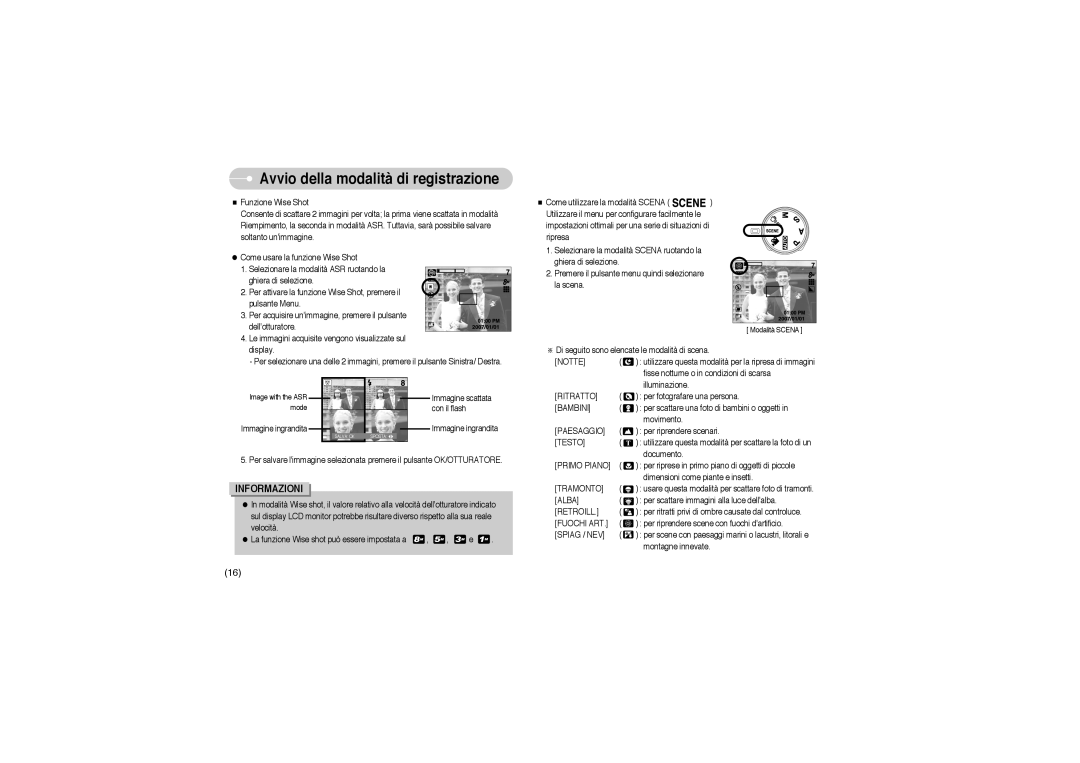 Samsung EC-S850ZBBM/E1 manual Avvio della modalità di registrazione, Informazioni, Modalità SCENA, Image with the ASR mode 