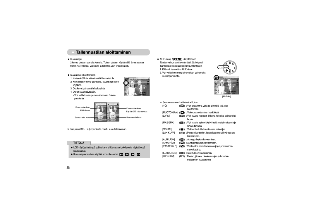 Samsung EC-S850ZBBM/E1, EC-S850ZSBM/E1 manual Muotokuva, Maisema, Teksti, Aur.Lask, Aamuhäm, Vastavalo, Ilotulitus, Hiek/Lum 