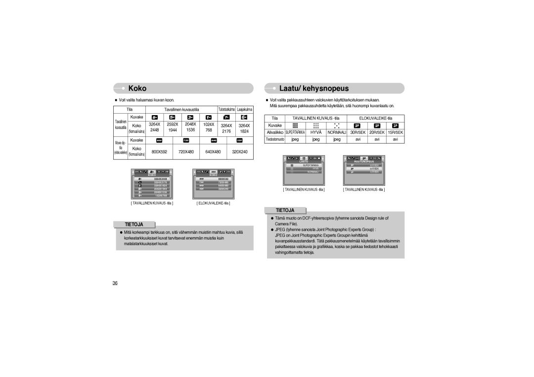 Samsung EC-S850ZBBM/E1, EC-S850ZSBM/E1 manual Koko, Laatu/ kehysnopeus, Hyvä Normaali 30R/SEK 20R/SEK 15R/SEK 