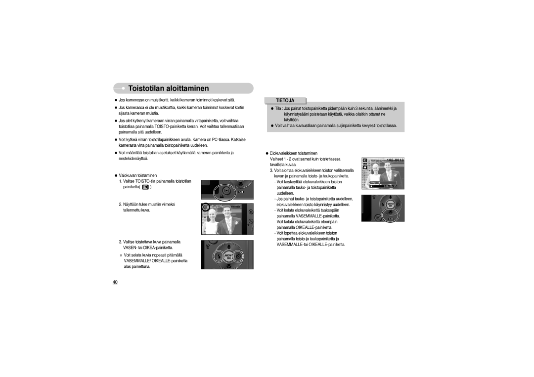 Samsung EC-S850ZBBM/E1, EC-S850ZSBM/E1 manual Toistotilan aloittaminen 