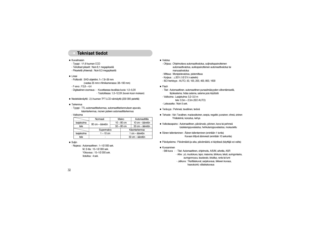 Samsung EC-S850ZBBM/E1, EC-S850ZSBM/E1 manual Tekniset tiedot 