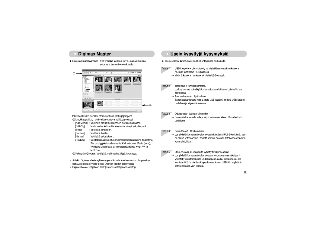 Samsung EC-S850ZSBM/E1, EC-S850ZBBM/E1 manual DigimaxFAQ Master, Usein kysyttyjä kysymyksiä 