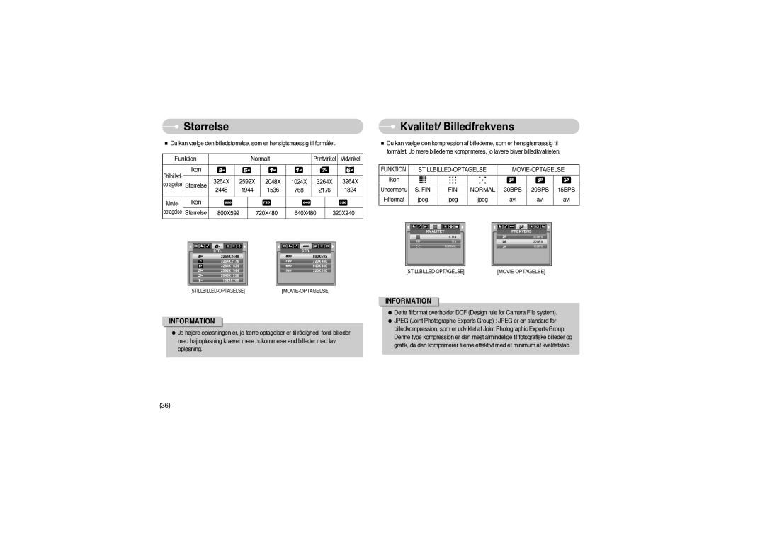 Samsung EC-S850ZBBM/E1, EC-S850ZSBM/E1 manual Størrelse, Kvalitet/ Billedfrekvens, Stillbilled-Optagelse Movie-Optagelse 