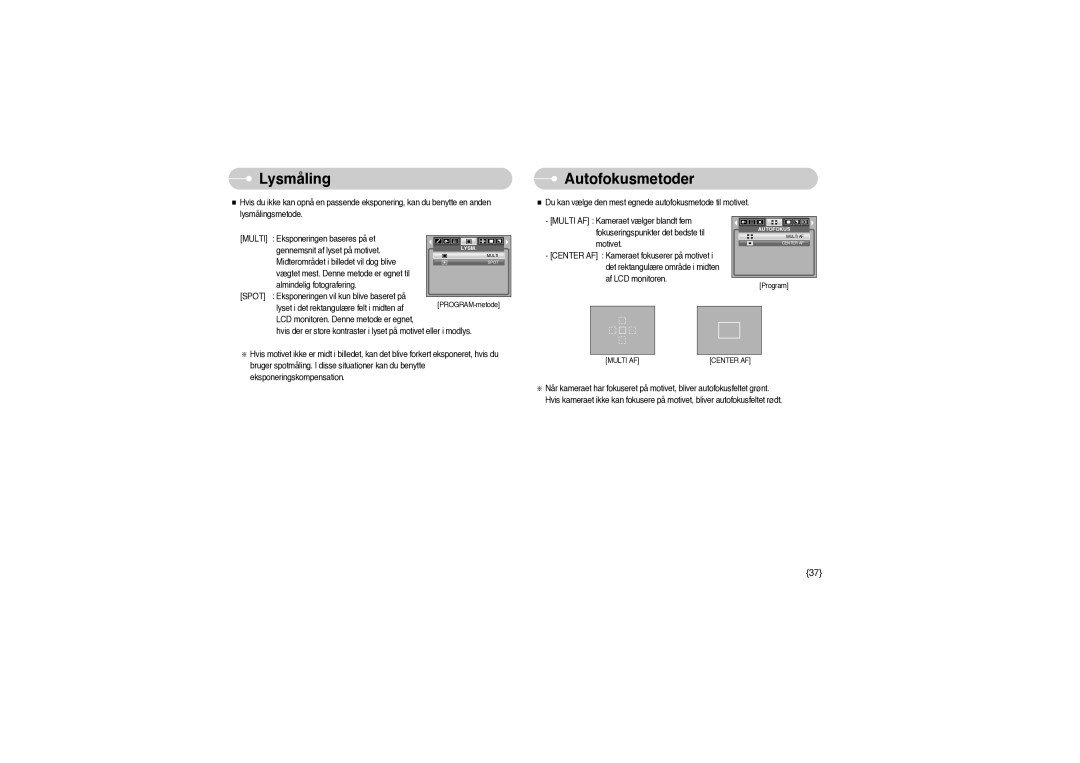 Samsung EC-S850ZSBM/E1, EC-S850ZBBM/E1 manual Lysmåling, Autofokusmetoder 