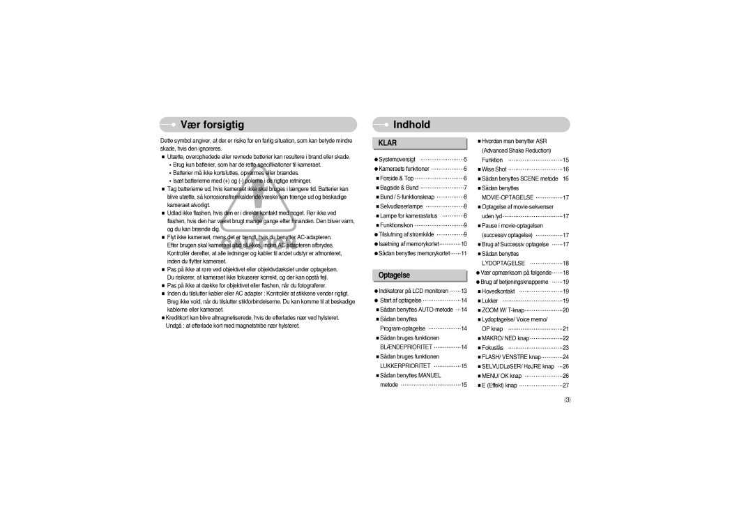 Samsung EC-S850ZSBM/E1, EC-S850ZBBM/E1 manual Vær forsigtig, Indhold 