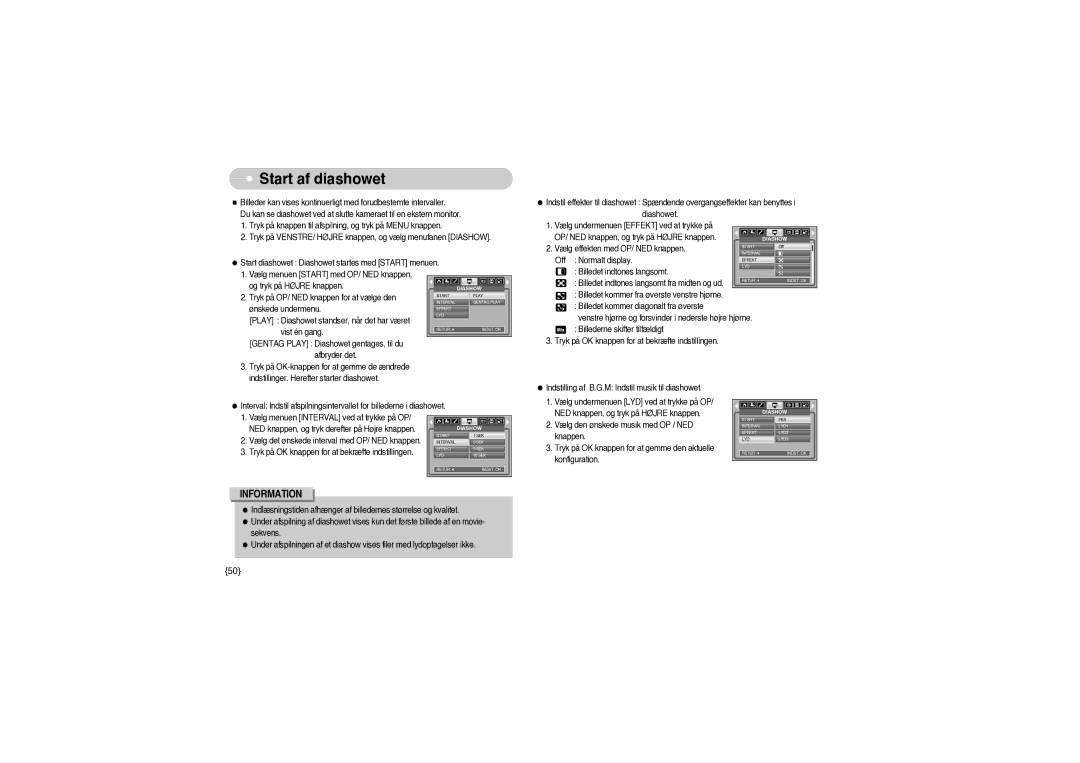 Samsung EC-S850ZBBM/E1, EC-S850ZSBM/E1 manual Start af diashowet 