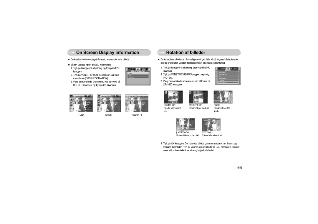 Samsung EC-S850ZSBM/E1, EC-S850ZBBM/E1 manual On Screen Display information, Rotation af billeder 