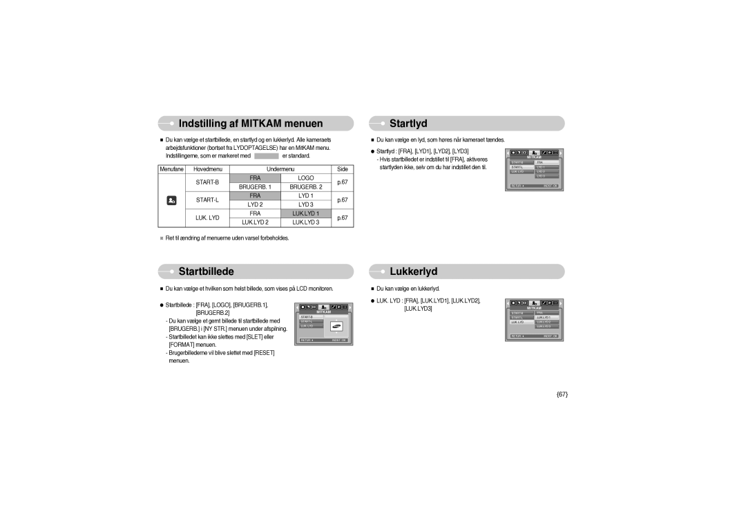 Samsung EC-S850ZSBM/E1, EC-S850ZBBM/E1 manual Indstilling af Mitkam menuen, Startlyd, Startbillede, Lukkerlyd 