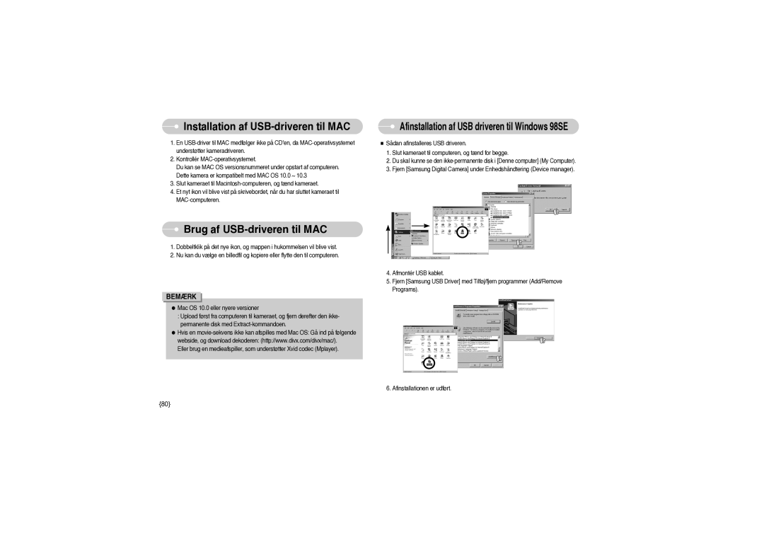 Samsung EC-S850ZBBM/E1, EC-S850ZSBM/E1 manual Installation af USB-driveren til MAC, Brug af USB-driveren til MAC 