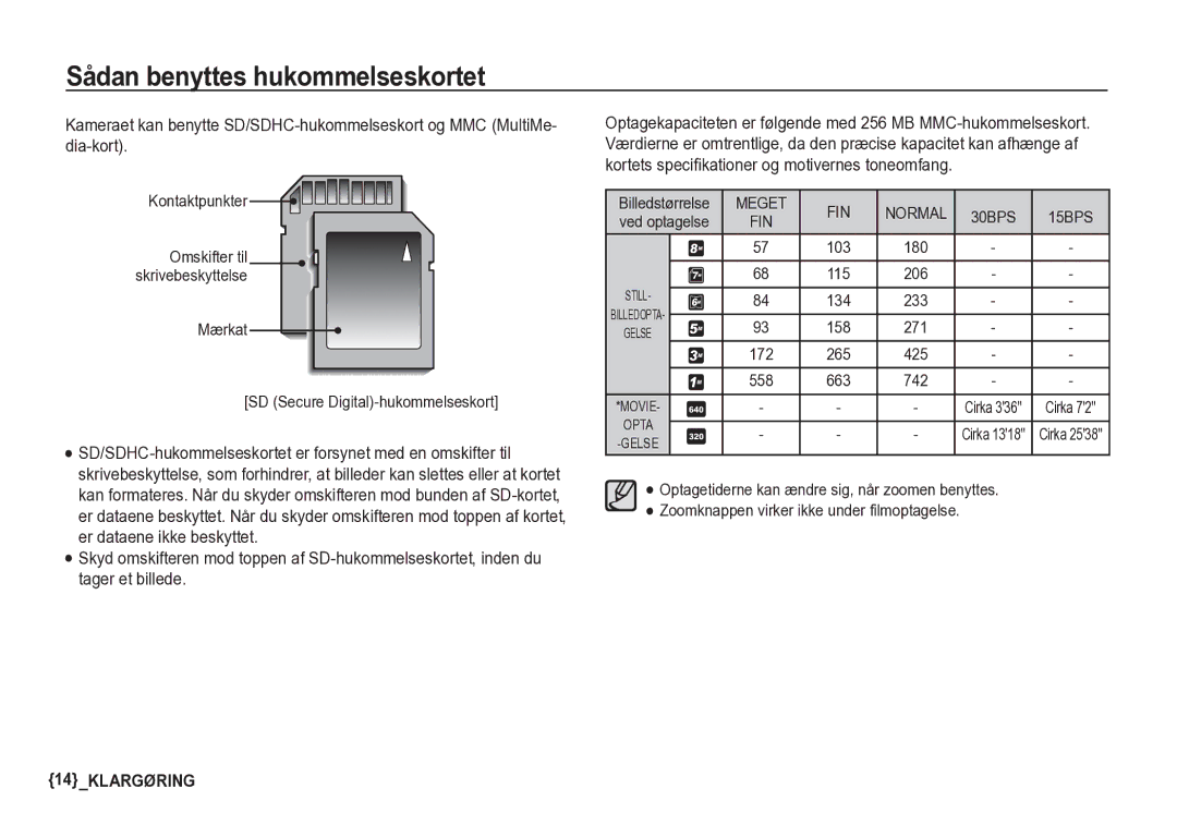 Samsung EC-S85ZZSBA/E2 manual Kontaktpunkter, Mærkat SD Secure Digital-hukommelseskort, Billedstørrelse, Ved optagelse 