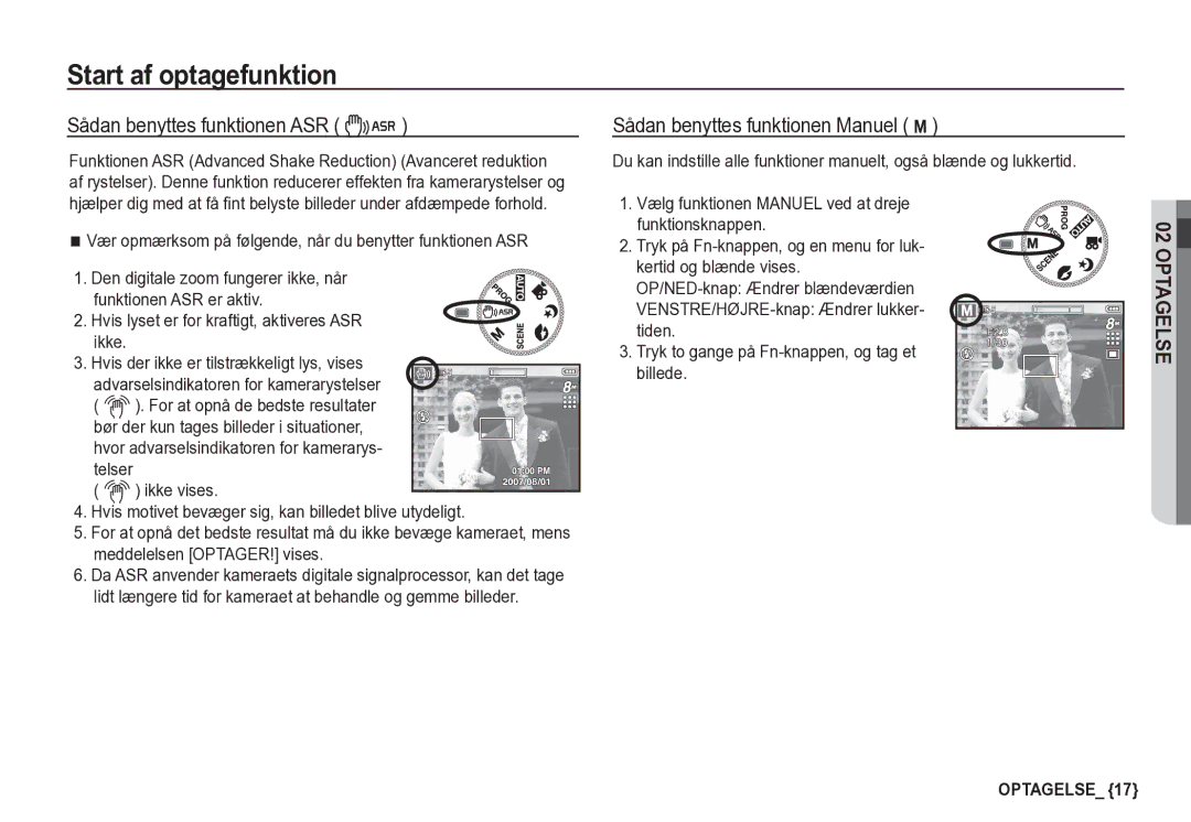 Samsung EC-S85ZZBBA/E2, EC-S85ZZSBA/E2 manual Sådan benyttes funktionen ASR ·, Sådan benyttes funktionen Manuel ¸ 