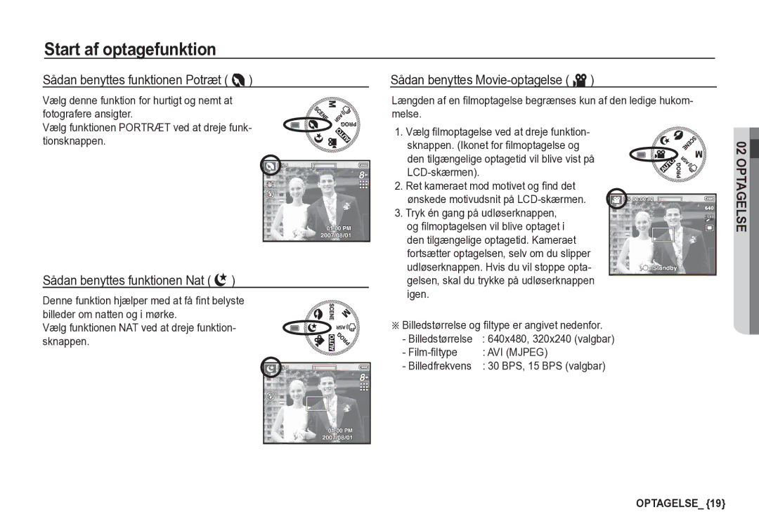 Samsung EC-S85ZZBBA/E2 Sådan benyttes funktionen Potræt, Sådan benyttes funktionen Nat, Sådan benyttes Movie-optagelse ´ 