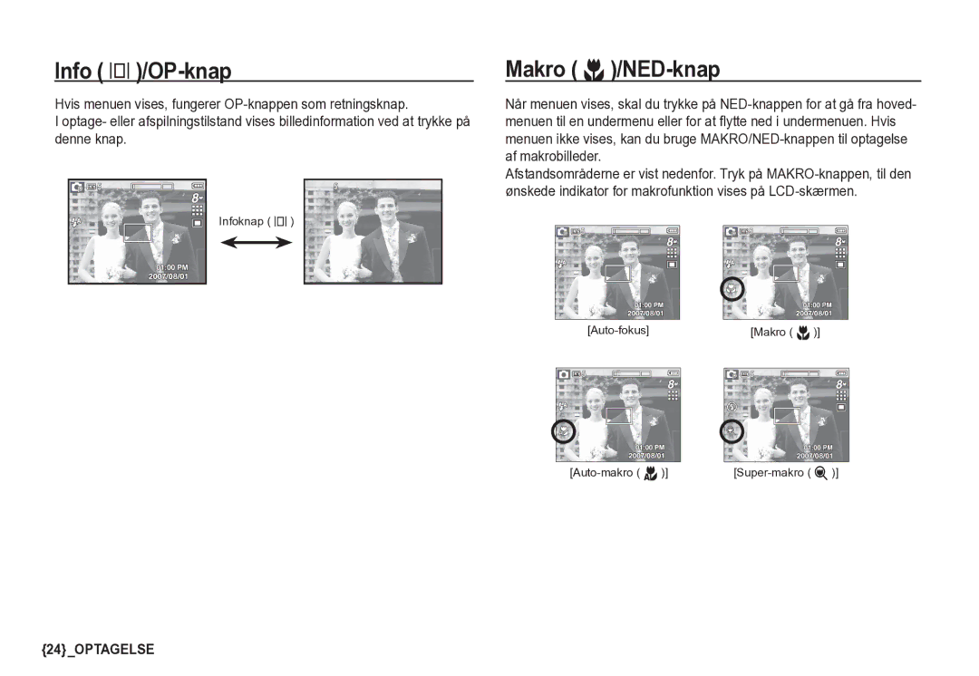 Samsung EC-S85ZZSBA/E2 manual Info î/OP-knap, Makro e/NED-knap, Infoknap î, Auto-fokus Auto-makro d Makro e Super-makro 