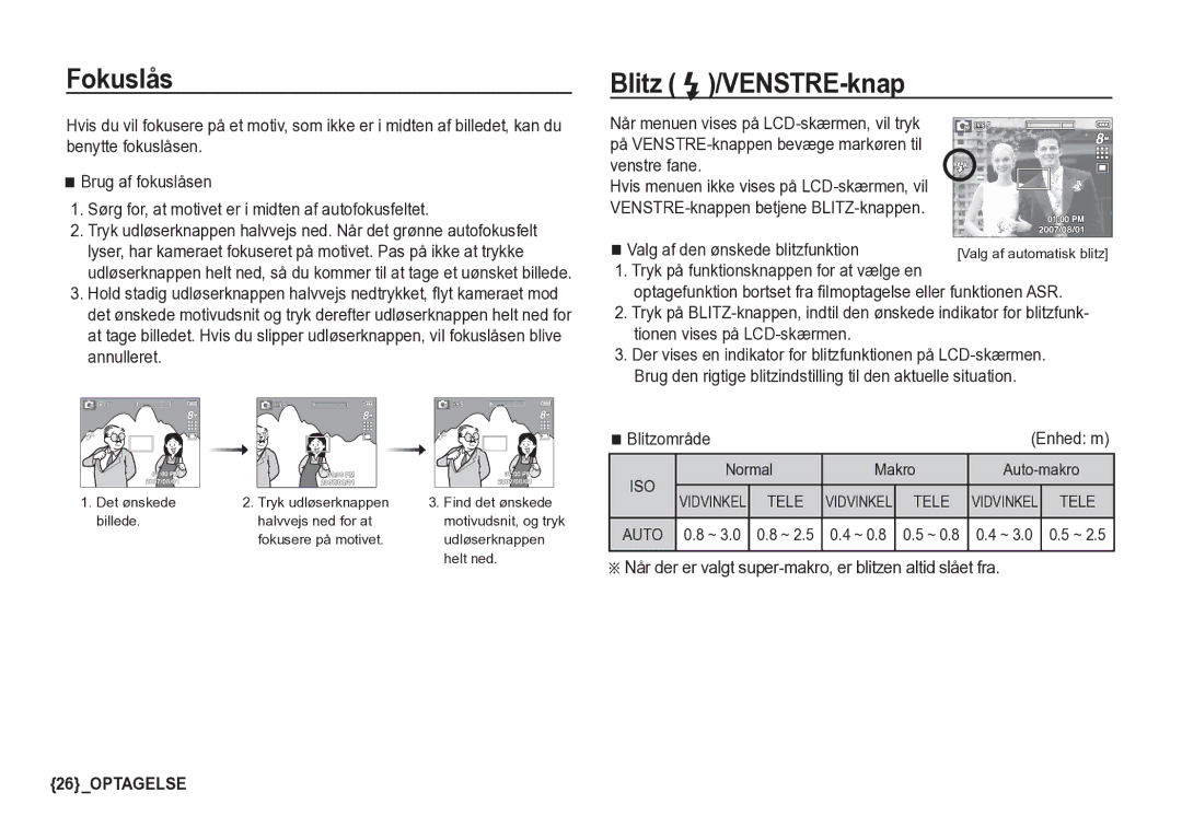 Samsung EC-S85ZZSBA/E2, EC-S85ZZBBA/E2 manual Fokuslås, Blitz /VENSTRE-knap, Valg af den ønskede blitzfunktion, Blitzområde 