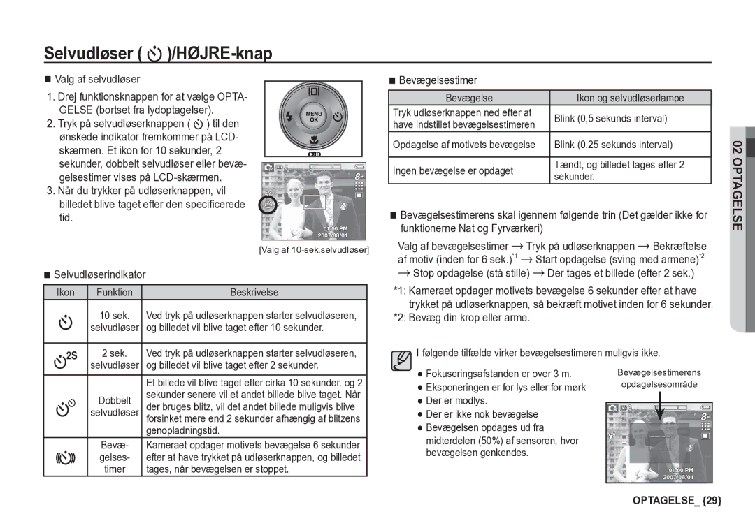 Samsung EC-S85ZZBBA/E2 manual Valg af selvudløser, Bevægelsestimer, Tryk på udløserknappen, Bevæg din krop eller arme 