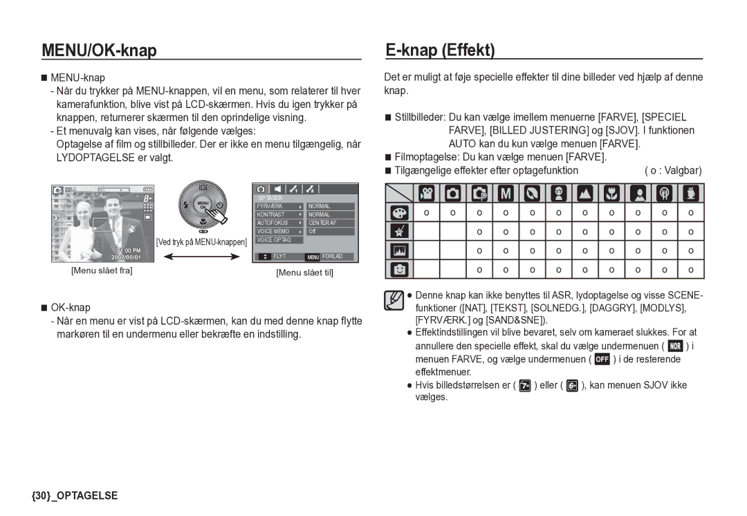 Samsung EC-S85ZZSBA/E2, EC-S85ZZBBA/E2 MENU/OK-knap, Knap Effekt, MENU-knap, Tilgængelige effekter efter optagefunktion 