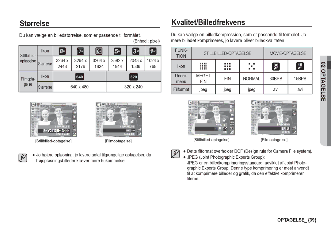 Samsung EC-S85ZZBBA/E2, EC-S85ZZSBA/E2 manual Størrelse, Kvalitet/Billedfrekvens 