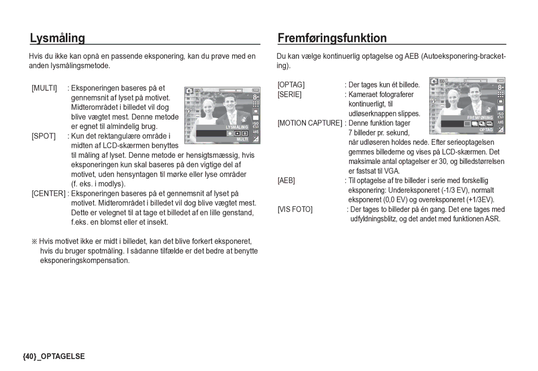 Samsung EC-S85ZZSBA/E2, EC-S85ZZBBA/E2 manual Lysmåling, Fremføringsfunktion 