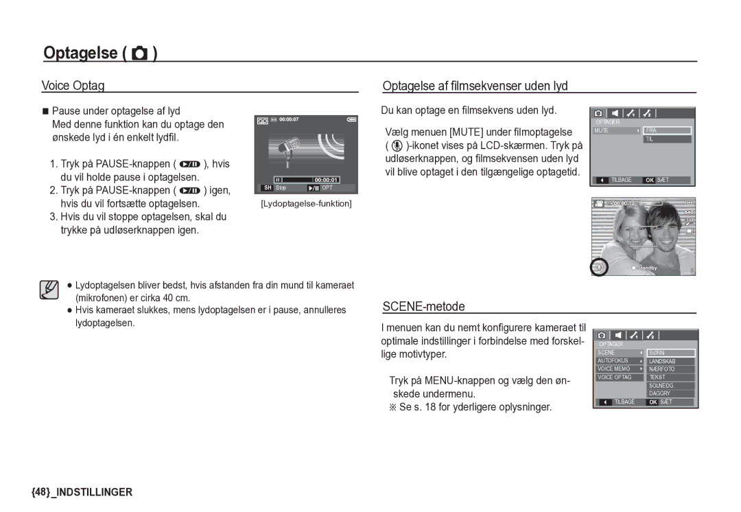 Samsung EC-S85ZZSBA/E2 manual Voice Optag Optagelse af ﬁlmsekvenser uden lyd, SCENE-metode, Pause under optagelse af lyd 