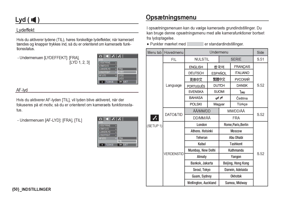 Samsung EC-S85ZZSBA/E2, EC-S85ZZBBA/E2 manual Opsætningsmenu, Lydeffekt, Menu tab Hovedmenu Undermenu, Language 