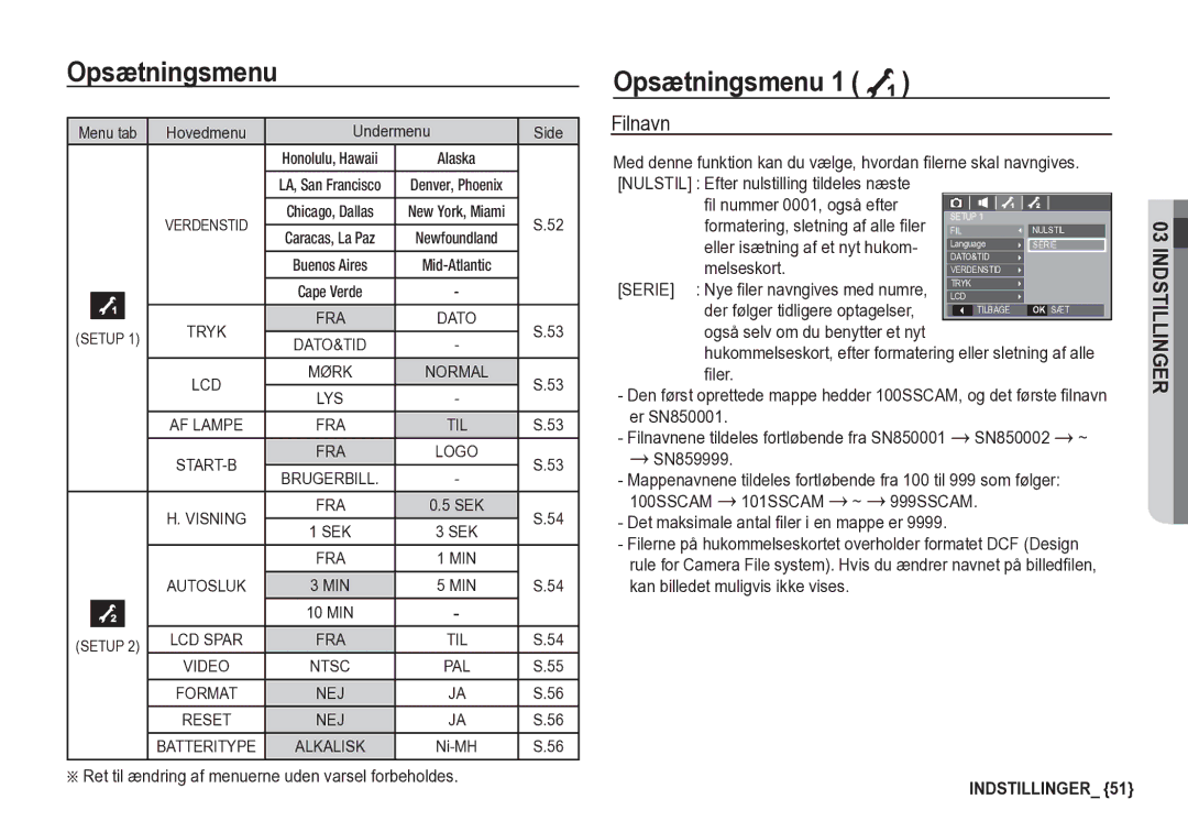 Samsung EC-S85ZZBBA/E2 manual Opsætningsmenu 1 À, Filnavn, Melseskort, ÄRet til ændring af menuerne uden varsel forbeholdes 