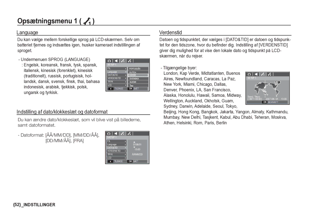 Samsung EC-S85ZZSBA/E2 manual Language, Verdenstid, Indstilling af dato/klokkeslæt og datoformat, Tilgængelige byer 