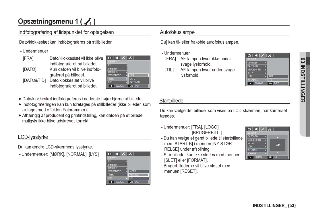 Samsung EC-S85ZZBBA/E2, EC-S85ZZSBA/E2 manual Startbillede, LCD-lysstyrke, Fra, Dato, Brugerbill 