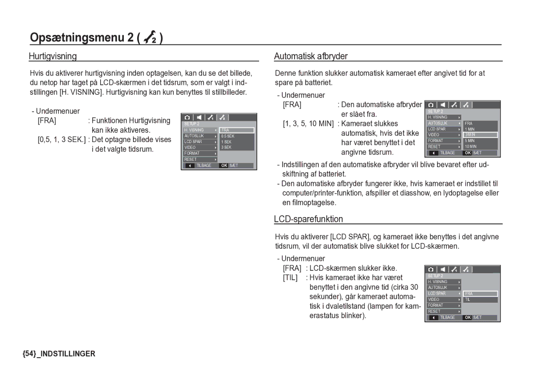 Samsung EC-S85ZZSBA/E2, EC-S85ZZBBA/E2 manual Opsætningsmenu 2 Á, Hurtigvisning, Automatisk afbryder, LCD-sparefunktion 